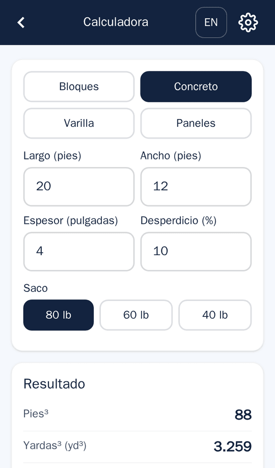 Pantalla real de la app: Calculadora